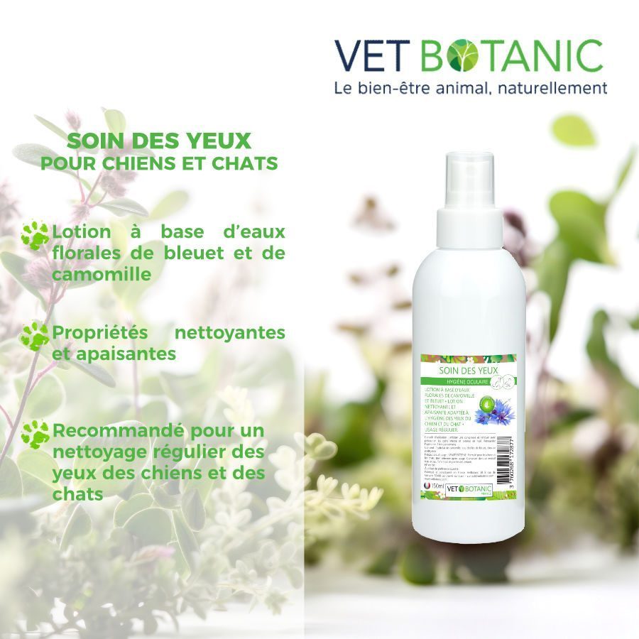 Lotion Nettoyante Pour Les Yeux Des Chiens Et Chats - Au Bleuet Et Camomille - 150 Ml - VET BOTANIC